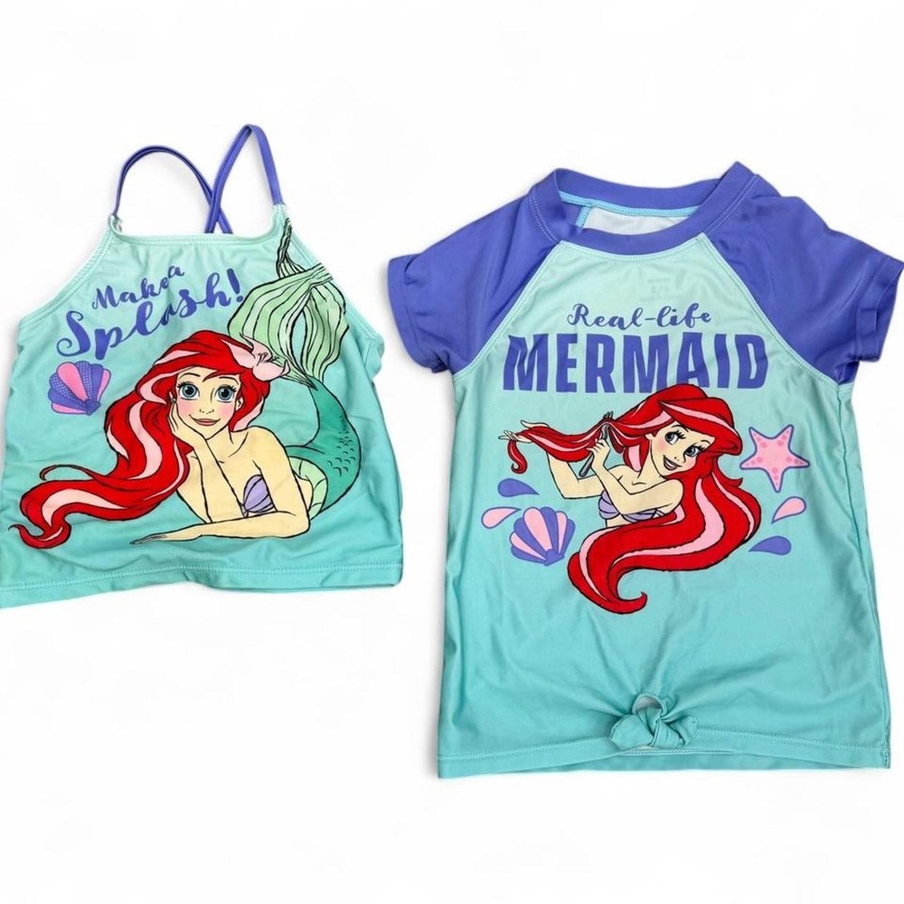 Disney Bundle The Little Mermaid Ariel Swim Size 5/6 Tankini Top & Rash Guard
